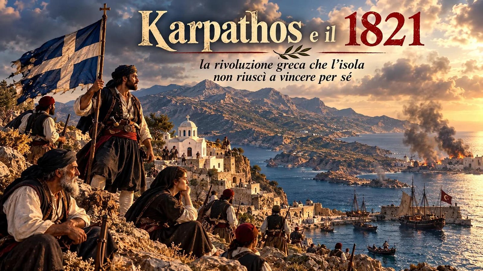 Illustrazione di insorti di Karpathos nel 1821 con la bandiera greca su un colle sopra il mare, navi nel porto e il titolo Karpathos e il 1821