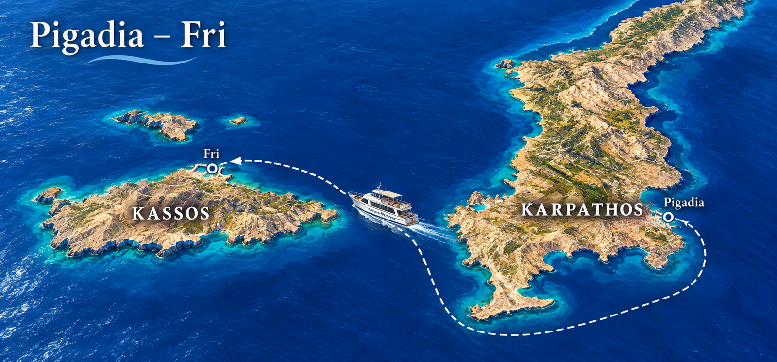 Piccole barche ormeggiate in un porto di pescatori di Karpathos, con il mare calmo verso le isole vicine