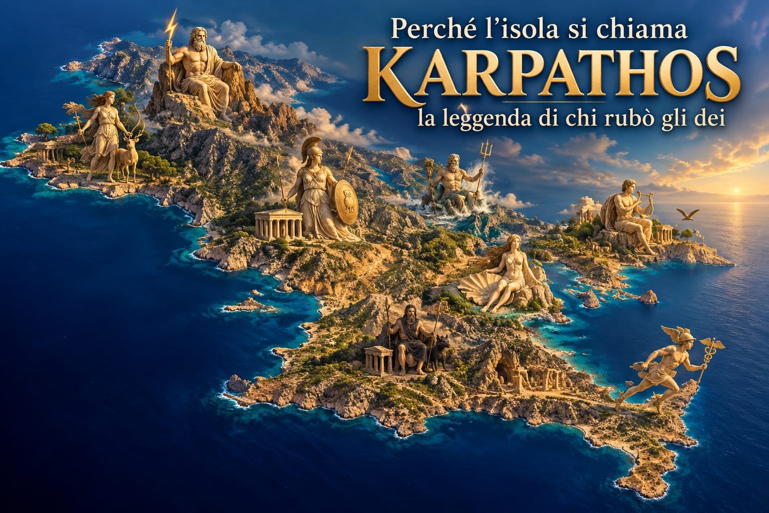 Illustrazione dell'isola di Karpathos vista dall'alto con le statue degli dei dell'Olimpo sulle montagne e il titolo Perché l'isola si chiama Karpathos