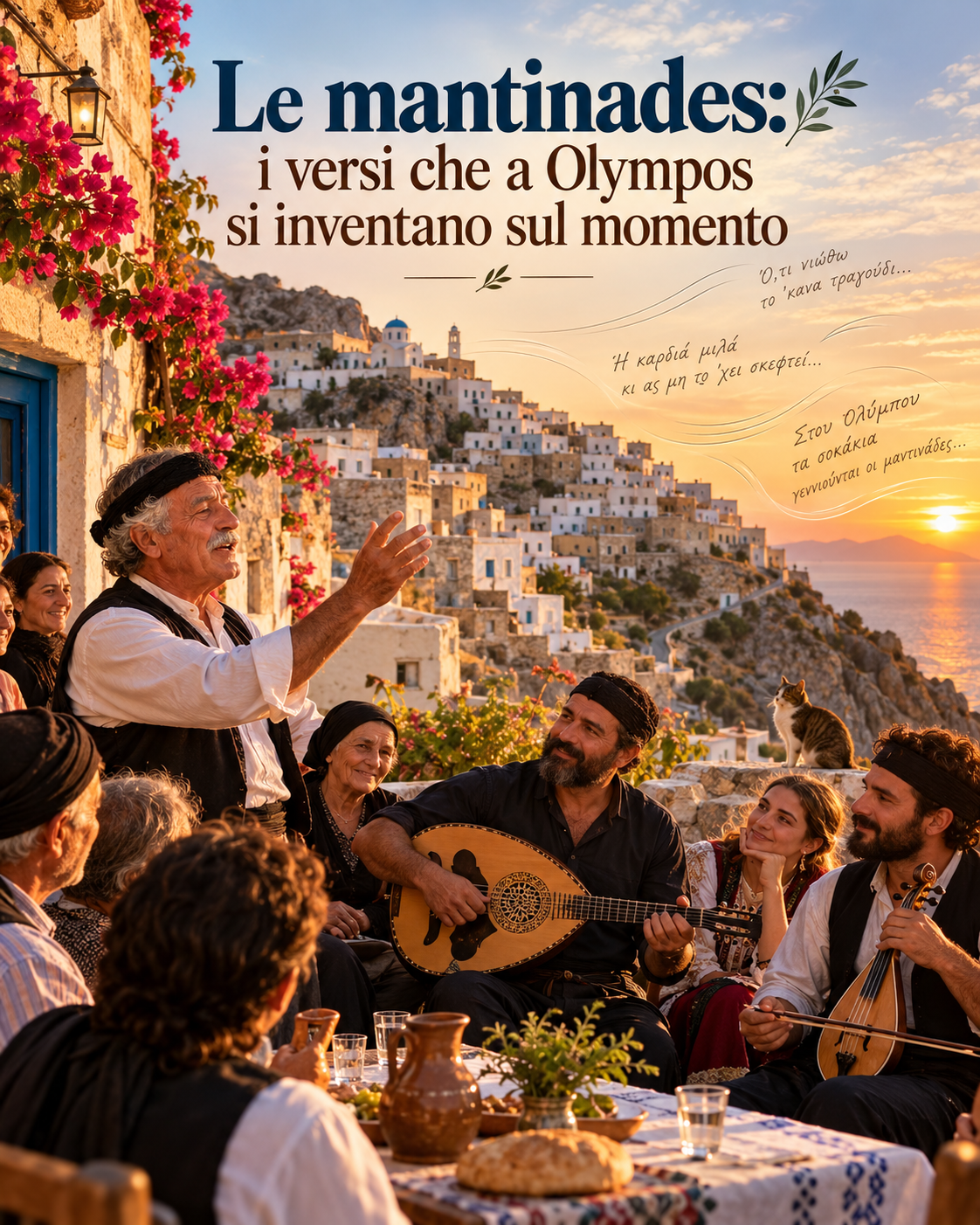 Una festa al tramonto a Olympos: un anziano canta in piedi mentre i musicisti suonano il laouto e la lira, con il paese sulla collina e il mare sullo sfondo